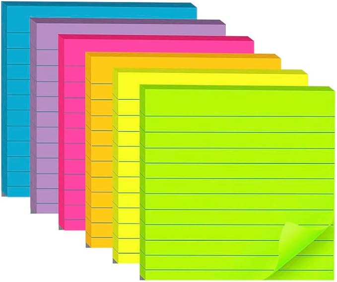 Lined Sticky Notes 4x4 in, 6 Bright Colors Self-Stick Note Pads, Strong Adhesive by Vanpad
