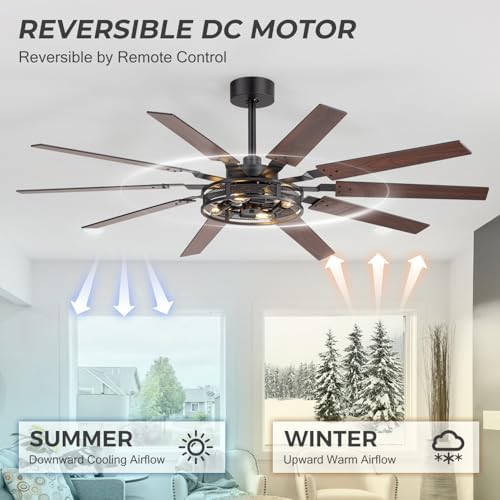 60 inch farmhouse ceiling fans with rustic lights, side view