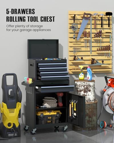 dreamade 5-drawer tool chest combo, rolling tool cabinet, side view