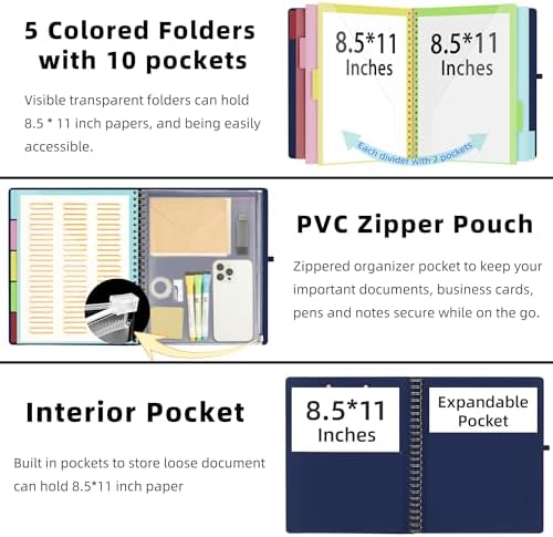 Ospelelf Bule Foldable Spiral Clipboard Folio with Storage Zipper Pouch, 5 Plastic Folders with 10 Pockets, Refillable Lined Notepad (11" x 8.5"), Linen Hardcover Project Organizer