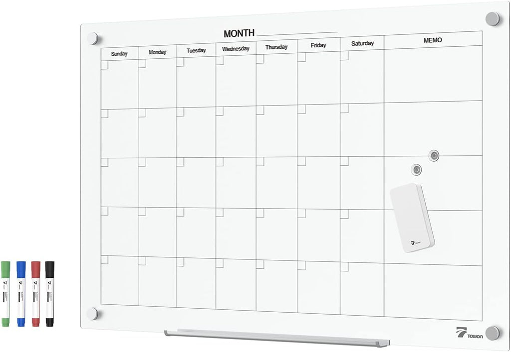 TOWON 36 x 24 Inches Tempered Glass Calendar Dry Erase Board