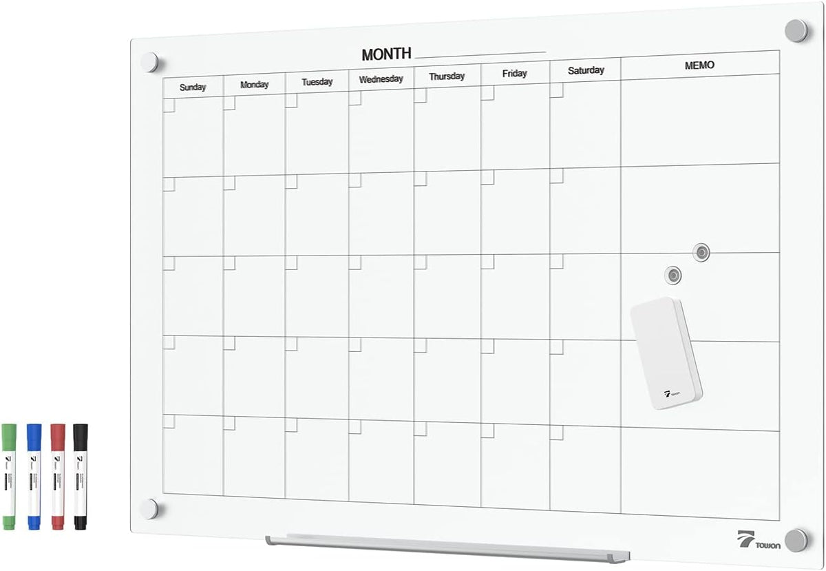TOWON 36 x 24 Inches Tempered Glass Calendar Dry Erase Board