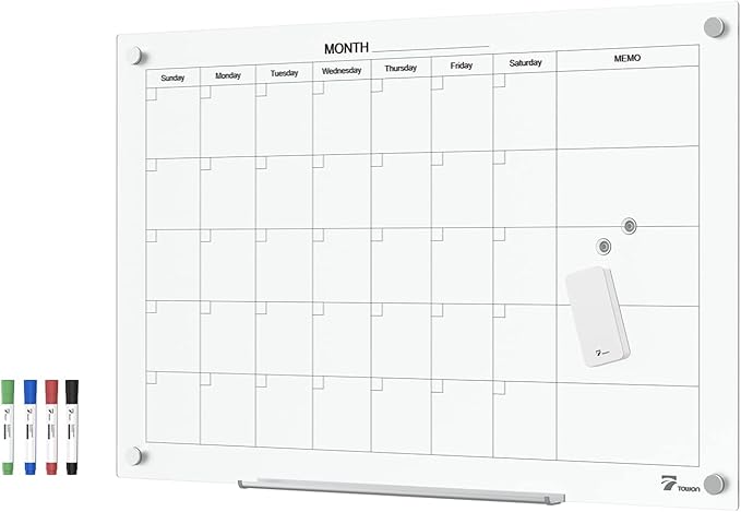 TOWON 36 x 24 Inches Tempered Glass Calendar Dry Erase Board by TOWON