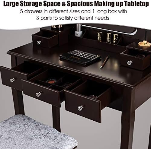 DORTALA Vanity Table Set w/ 360-Degree Rectangular Mirror & Cushioned Sto...
