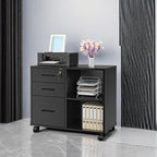 Panana 3 Drawer Office File Cabinets, Mobile Lateral Printer Stand with Open Storage Shelf, Rolling Filing Cabinet with Wheels Home Office Organization and Storage (Black)