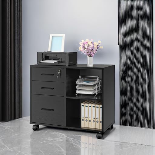 Panana 3 Drawer Office File Cabinets, Mobile Lateral Printer Stand with Open Storage Shelf, Rolling Filing Cabinet with Wheels Home Office Organization and Storage (Black)
