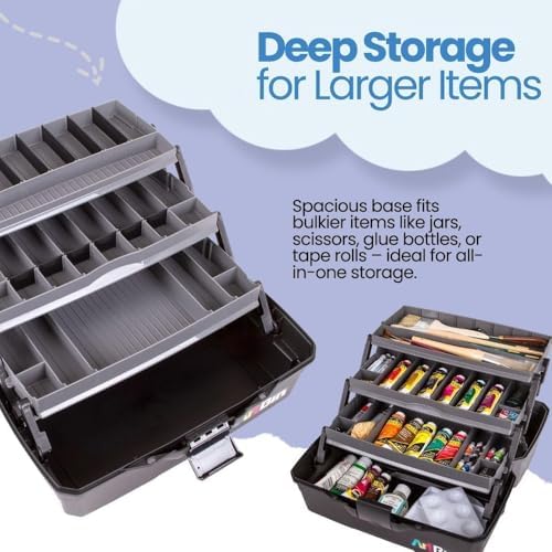 artbin 3-tray art supply box with handle, durable showing dimensions