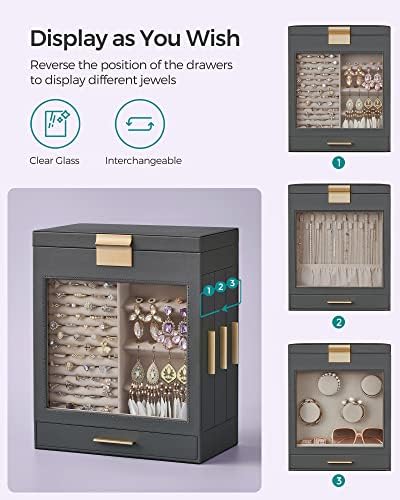 SONGMICS 5-Layer Jewelry Box with Glass Window, 3 Side Drawers