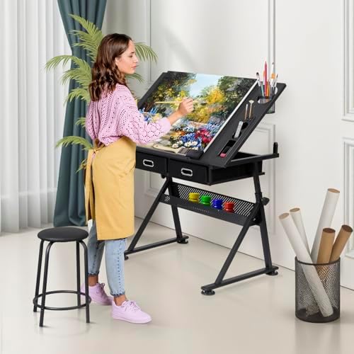 zeny adjustable drafting table with stool tilting drawing, view 9