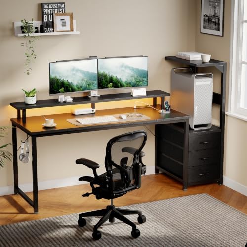 OLIXIS 59" Computer Desk with 3 Storage Drawers, Power Outlets, LED