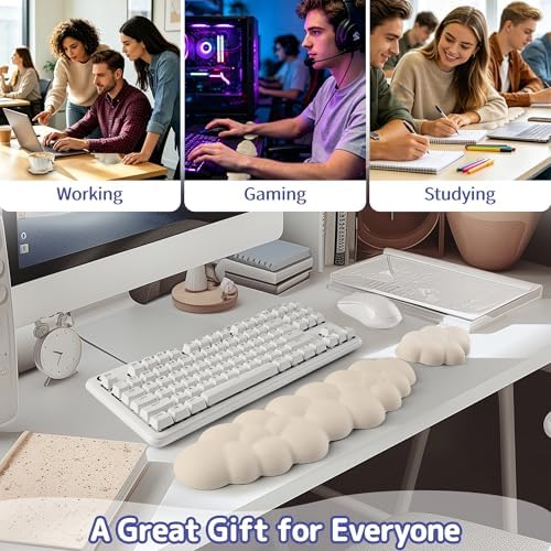 Cloud Wrist Rest Keyboard, Cloud Keyboard Wrist Pad Set with PU Leather Memory Foam, Cute Arm Rest for Palm Support, PC/Gaming Desk Accessories/Office Setup/Computer Hand Cushion - Beige