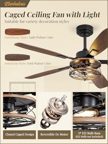 52 inch farmhouse ceiling fan with light and, close-up detail
