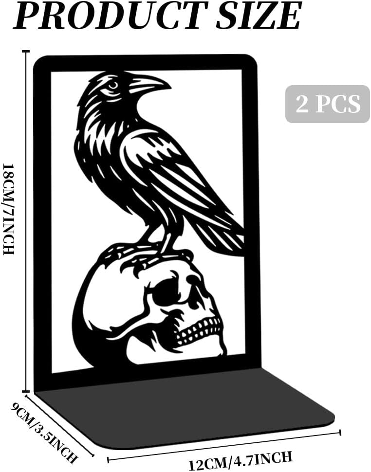 Raven and Skull Decor Gothic Metal Bookends for Shelves, Office Desk Organizer Book Ends for Heavy Books, Home Office Desk Bookshelf Decor Gift for Gothic Lovers and Reading Enthusiasts