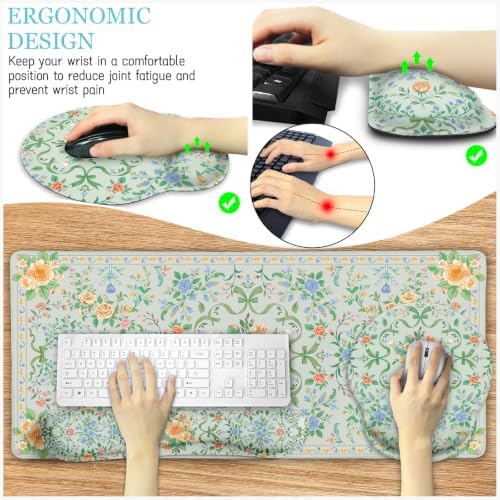 LIMKRIAN Floral Desk Mat Set, Cute Green Mouse Pad with Gel Wrist Rest | Ergonomic Shape Design, XXL Large Desk Pad Stitched Edges, Keyboard Wrist Support, Coaster, Desk Accessories Decor for Women
