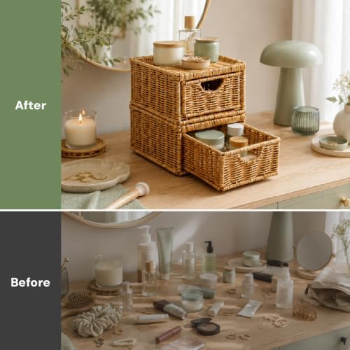 Cantalop 2PCS Stackable Rattan Storage Drawers, Makeup Organizer