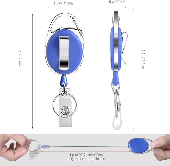 Retractable Badge Holder with Carabiner Reel Clip and Key Ring - Image 2