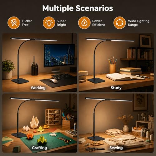 24-inch double head led desk lamp with base showing dimensions