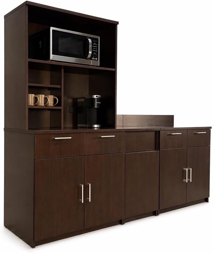 BREAKtime Upper Hutch Cabinet with 2-Door Storage, Microwave Space and Trash Bin, Office Breakroom Cabinet, Fully Assembled, 90" W x 24" D x 75" H, Appliances Not Included