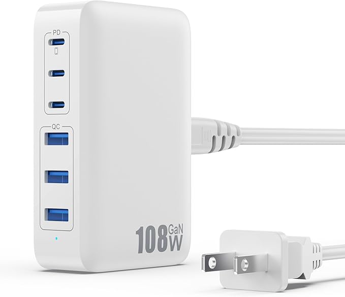 USB C Charger Block Charging Station, 108W GaN III 6 Port 3xQC+3xPD Wall by GKUTW