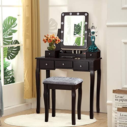 DORTALA Vanity Table Set w/ 360-Degree Rectangular Mirror & Cushioned Sto...