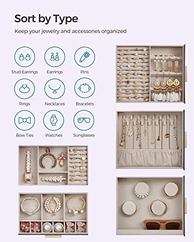 SONGMICS 5-Layer Jewelry Box with Glass Window, 3 Side Drawers