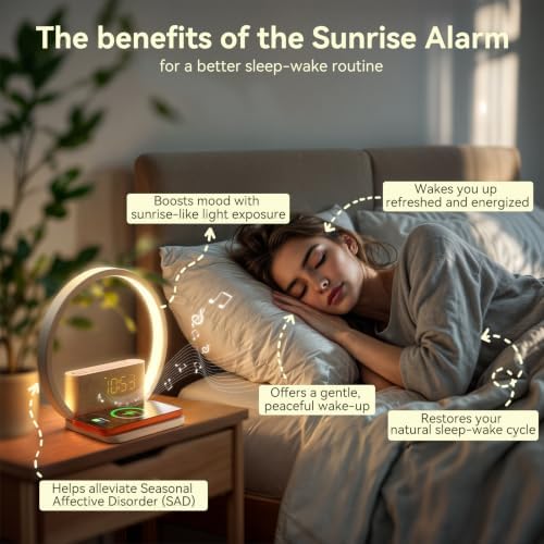 vivilumens sunrise alarm clock wireless charger, white noise shown in use