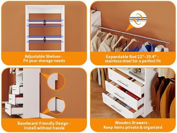 Closet System with 2 Sets, 4FT-10FT Closet Organizer Systems with 3 Wooden Dr...