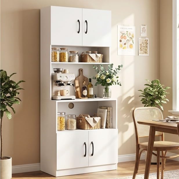 Kitchen Hutch with Countertop, 66" Tall Modern Farmhouse Coffee Bar Pantry Cabinet with Charging Station & Microwave Shelf for Small Spaces, Studio, Apartment (White)