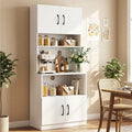 Kitchen Hutch with Countertop, 66" Tall Modern Farmhouse Coffee Bar Pantry Cabinet with Charging Station & Microwave Shelf for Small Spaces, Studio, Apartment (White)