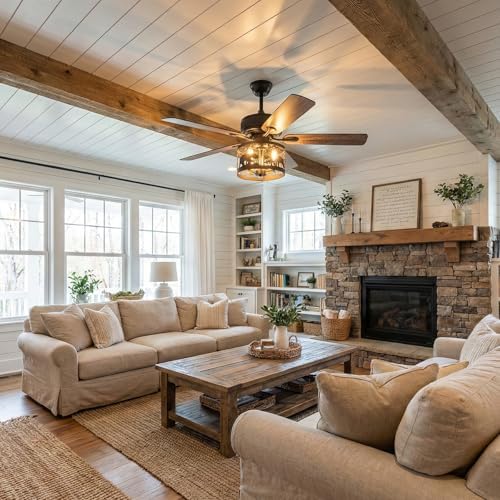 52" farmhouse ceiling fan with light and remote on a desk or shelf
