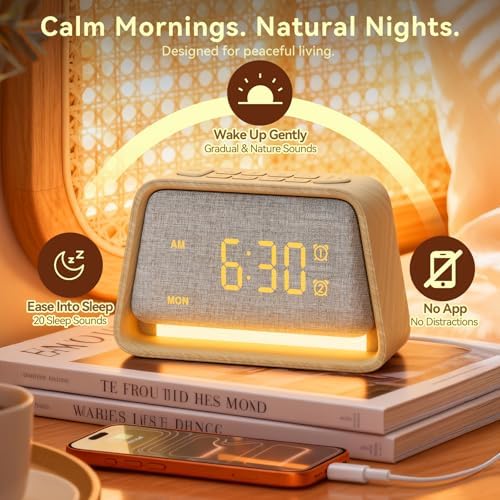 vivilumens dual alarm clock wooden 20 white noise on a desk or shelf