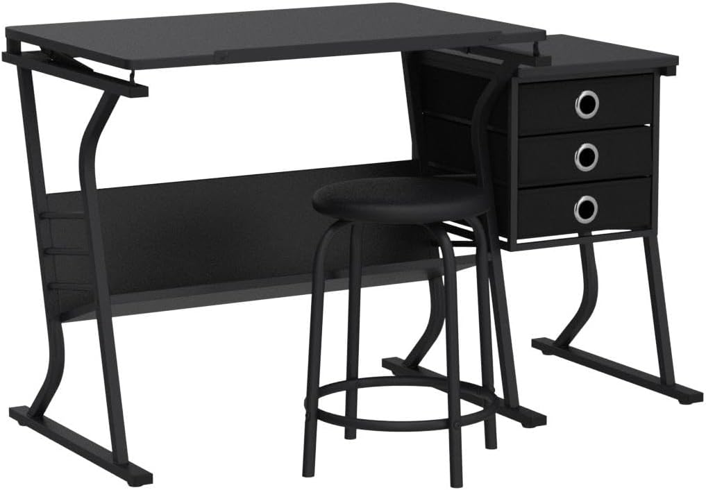 Topeakmart Height Adjustable Drafting Table Art Craft Desk Work Station Hobby Design Studio Tiltable Tabletop Drawing Desk with Stool & Storage Drawers