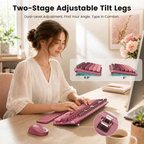 Wireless Keyboard and Mouse Combo, Magnetic Wrist Rest, Dusty Rose Ombre
