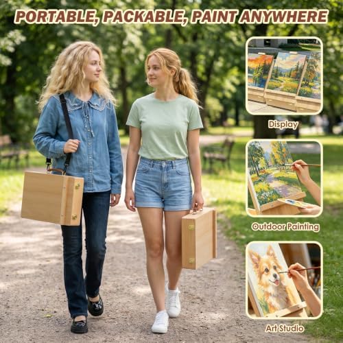 tabletop easel for painting, adjustable beechwood sketchbox, portable on a desk or shelf