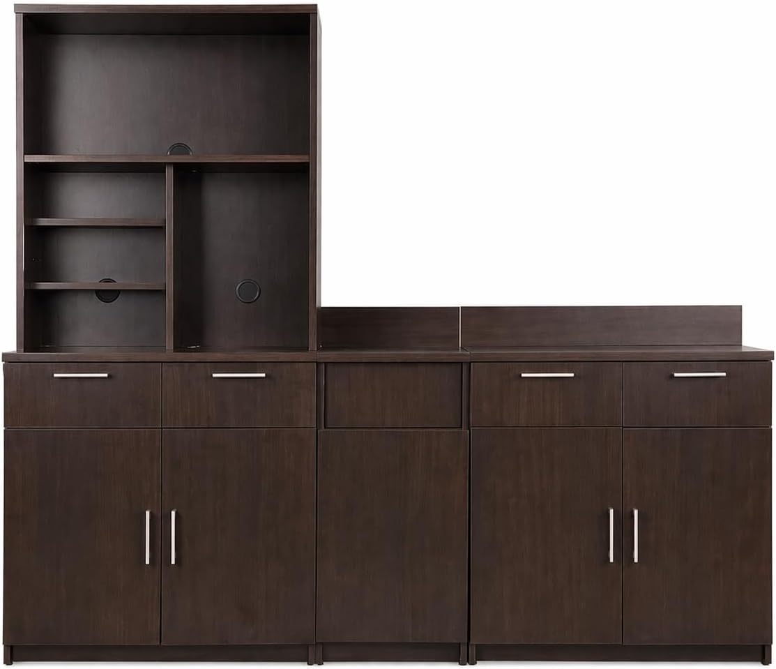 BREAKtime Upper Hutch Cabinet with 2-Door Storage, Microwave Space and Trash Bin, Office Breakroom Cabinet, Fully Assembled, 90" W x 24" D x 75" H, Appliances Not Included