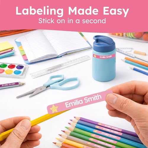 Personalized Kids Name Labels for Pencils Pink [75pcs] - Waterproof Name Stickers for School & Daycare - Pencil Custom Name Stickers - Children Name Stick On Labels for Pens (2.0”x0.3”)