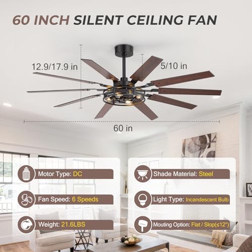 60 inch farmhouse ceiling fans with rustic lights, front angle view