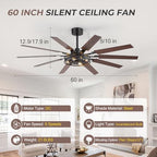 60 inch farmhouse ceiling fans with rustic lights, front angle view