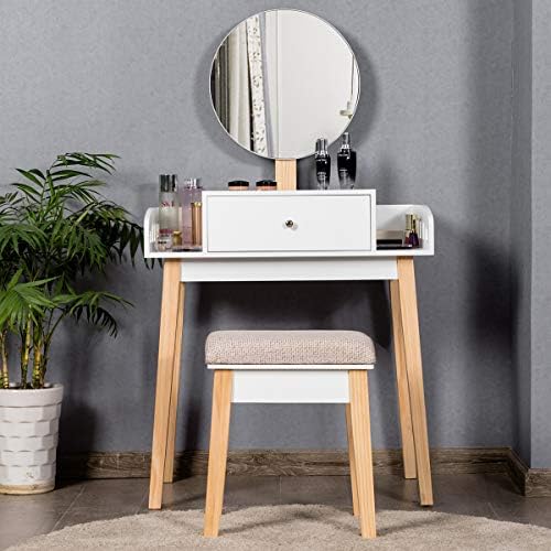 GIANTEX Vanity Table Set with Height Adjustable Round Mirror, Makeup Mirrored...