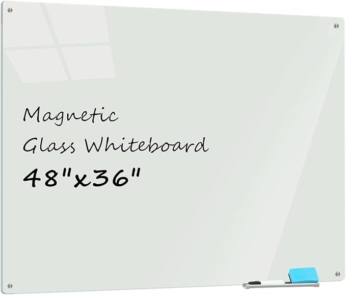 Glass Whiteboard 4' x 3', Magnetic Dry Erase Board Frameless Wall Mounting by ATROSONIK