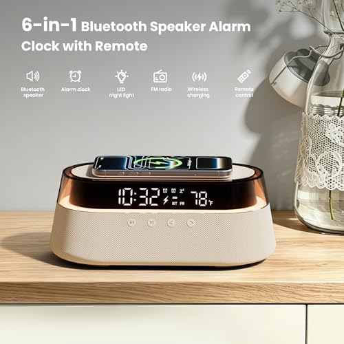 6-in-1 fast wireless charger, bluetooth speaker alarm clock, side view