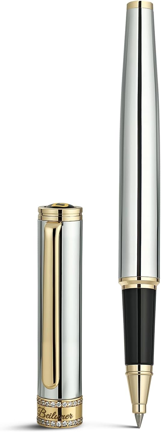 BEILUNER Silver Chrome Rollerball Pen, Diamond-Studded Cap Design, 24K Gold T...