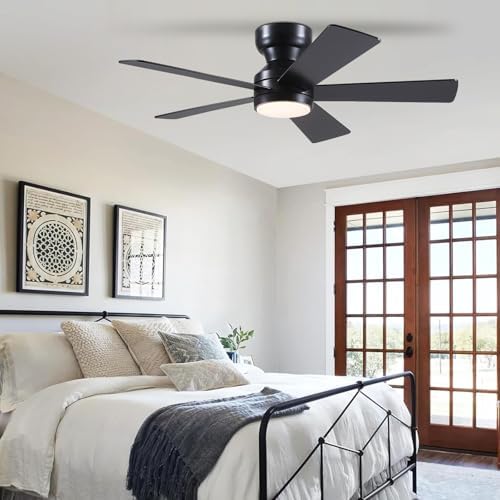black ceiling fans with lights - 46" flush, front angle view