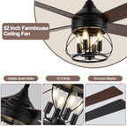 52" farmhouse rustic caged chandelier fan with light, close-up detail