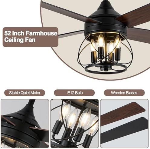 52" farmhouse rustic caged chandelier fan with light, close-up detail