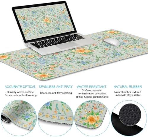 LIMKRIAN Floral Desk Mat Set, Cute Green Mouse Pad with Gel Wrist Rest | Ergonomic Shape Design, XXL Large Desk Pad Stitched Edges, Keyboard Wrist Support, Coaster, Desk Accessories Decor for Women