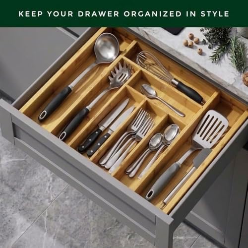 Bamboo Drawer Organizer, Expandable 8-Slot Silverware & Utensil Tray for ...