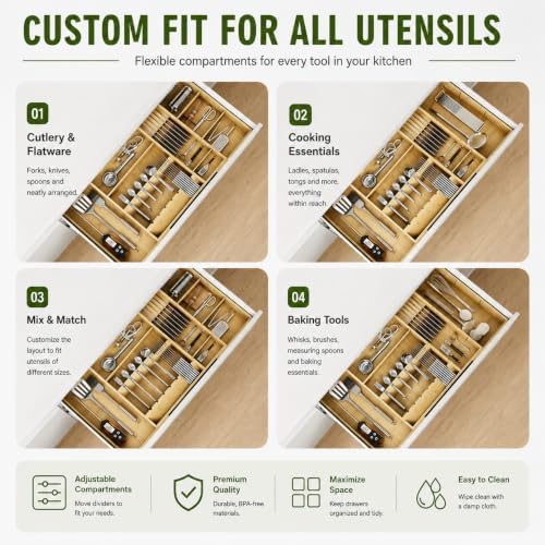 Bamboo Expandable Kitchen Drawer Organizer, 17.8-30 in,Natural