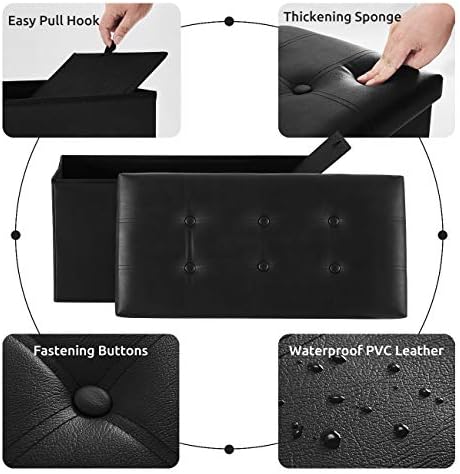 YOUDENOVA 30" Ottoman with Storage, Folding Faux Leather Bench, Black