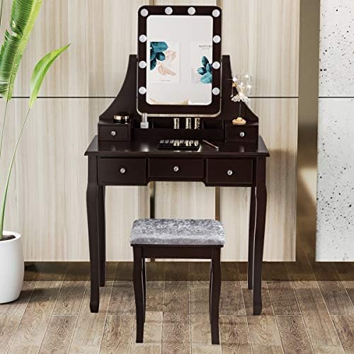 DORTALA Vanity Table Set w/ 360-Degree Rectangular Mirror & Cushioned Sto...